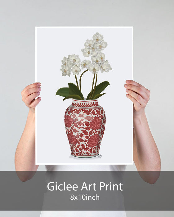 Chinoiserie Orchids White, Red Vase, Art Print | Print 18x24inch