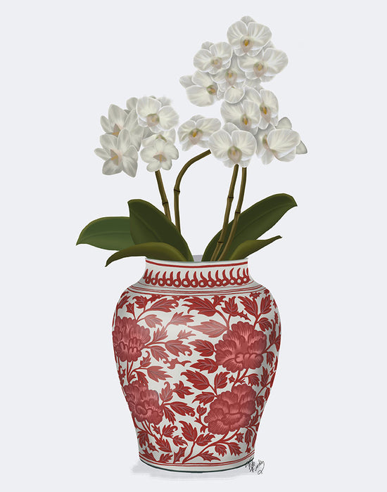 Chinoiserie Orchids White, Red Vase, Art Print | FabFunky