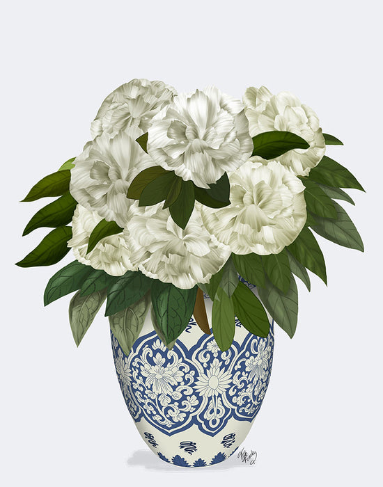 Chinoiserie Peonies White, Blue Vase, Art Print | FabFunky