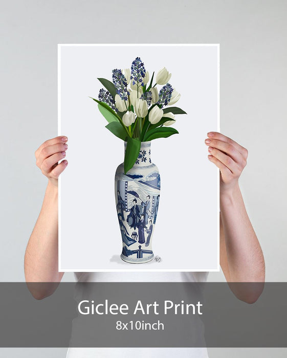 Chinoiserie Tulips White, Hyacinth Blue, Blue Vase, Art Print | Print 18x24inch