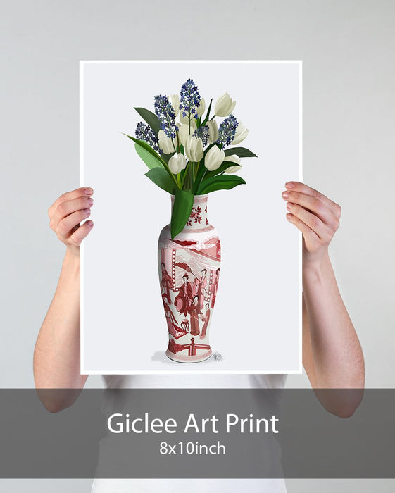 Chinoiserie Tulips White, Hyacinth Blue, Red Vase, Art Print | Print 18x24inch