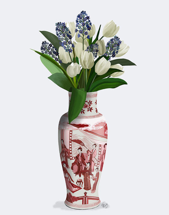 Chinoiserie Tulips White, Hyacinth Blue, Red Vase, Art Print | FabFunky