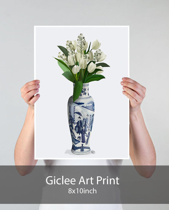 Chinoiserie Tulips White, Hyacinth White, Blue Vase, Art Print | Print 18x24inch