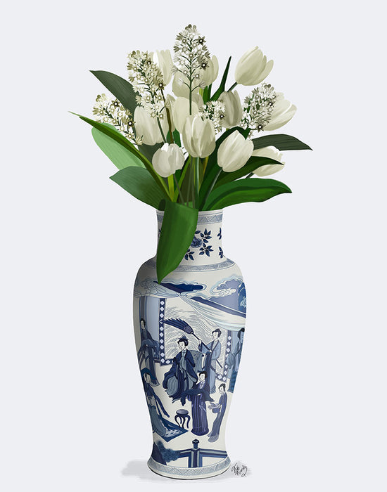 Chinoiserie Tulips White, Hyacinth White, Blue Vase, Art Print | FabFunky