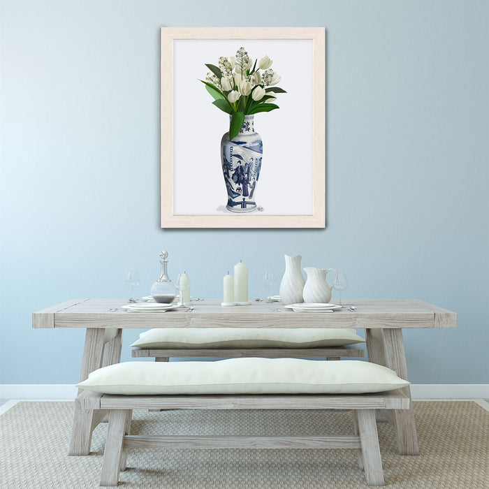 Chinoiserie Tulips White, Hyacinth White, Blue Vase, Art Print | Print 14x11inch