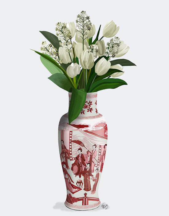Chinoiserie Tulips White, Hyacinth White, Red Vase, Art Print | FabFunky