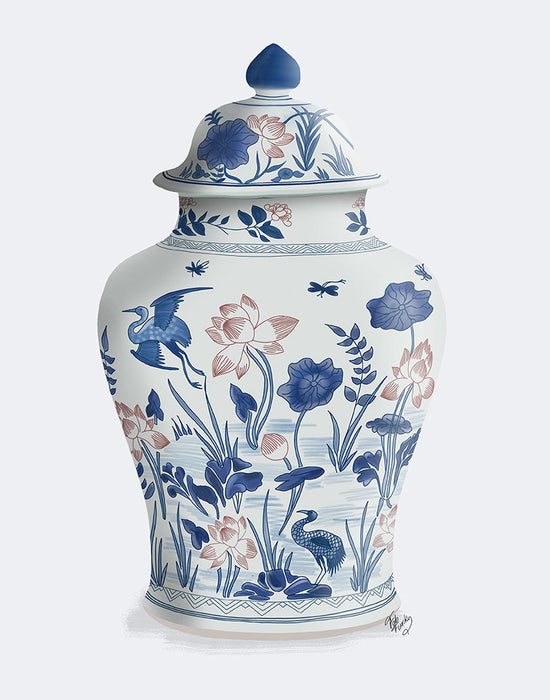 Chinoiserie Vase Crane Garden Blue, Art Print | FabFunky