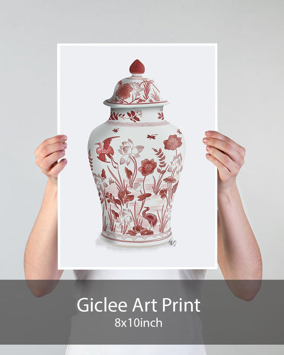 Chinoiserie Vase Crane Garden Red, Art Print | Print 18x24inch