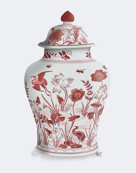 Chinoiserie Vase Crane Garden Red, Art Print | FabFunky