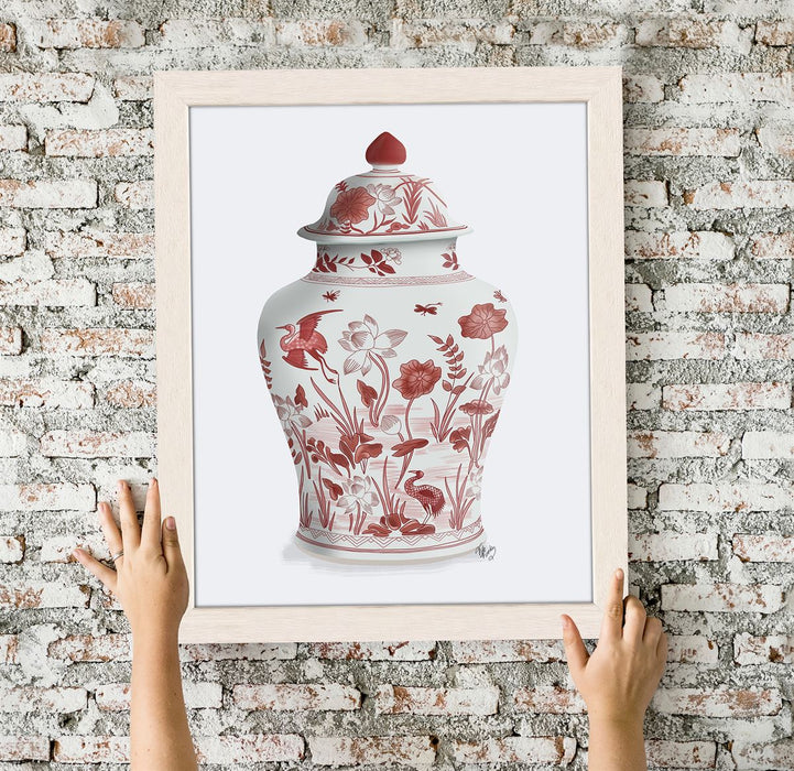Chinoiserie Vase Crane Garden Red, Art Print | Print 14x11inch