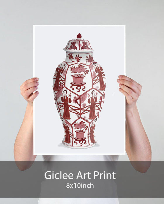 Chinoiserie Vase Leaf Picker Red, Art Print | Print 18x24inch