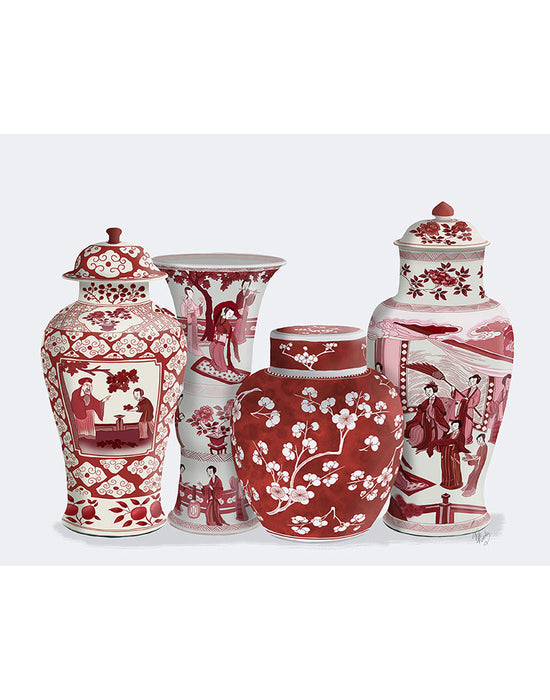 Chinoiserie Vase Quartet 1, Red, Art Print | FabFunky