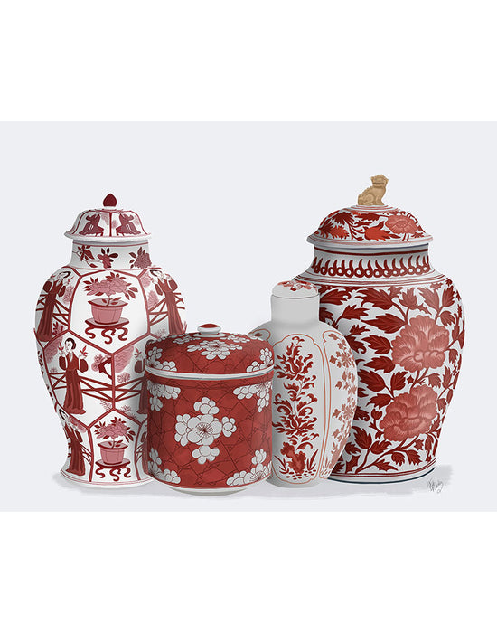 Chinoiserie Vase Quartet 2, Red, Art Print | FabFunky