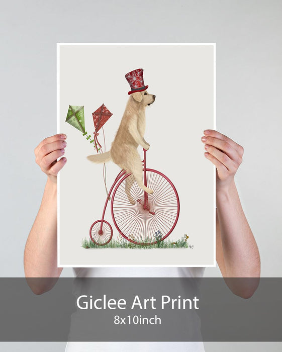Golden Retriever on Penny Farthing, Dog Art Print, Wall art | Print 18x24inch