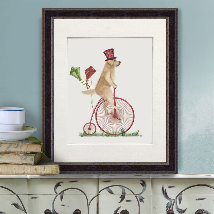 Golden Retriever on Penny Farthing, Dog Art Print, Wall art | Print 14x11inch