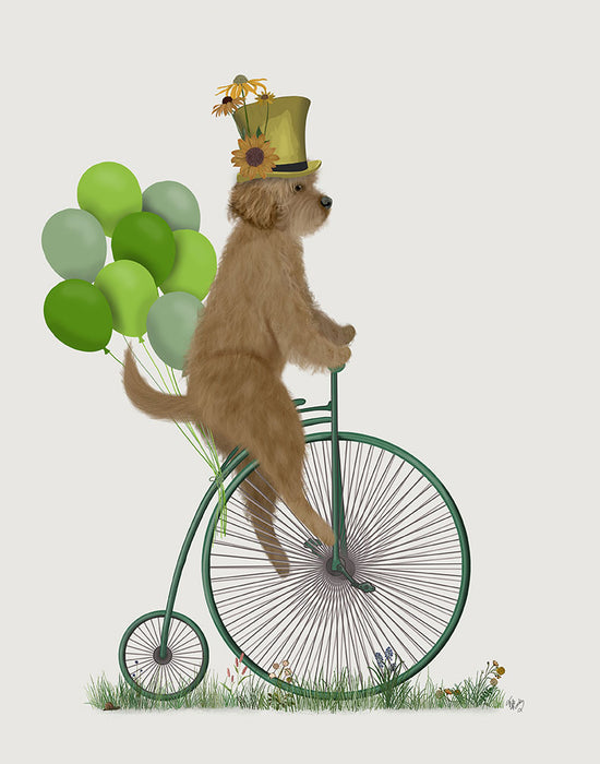 Labradoodle, Gold on Penny Farthing, Dog Art Print, Wall art | FabFunky