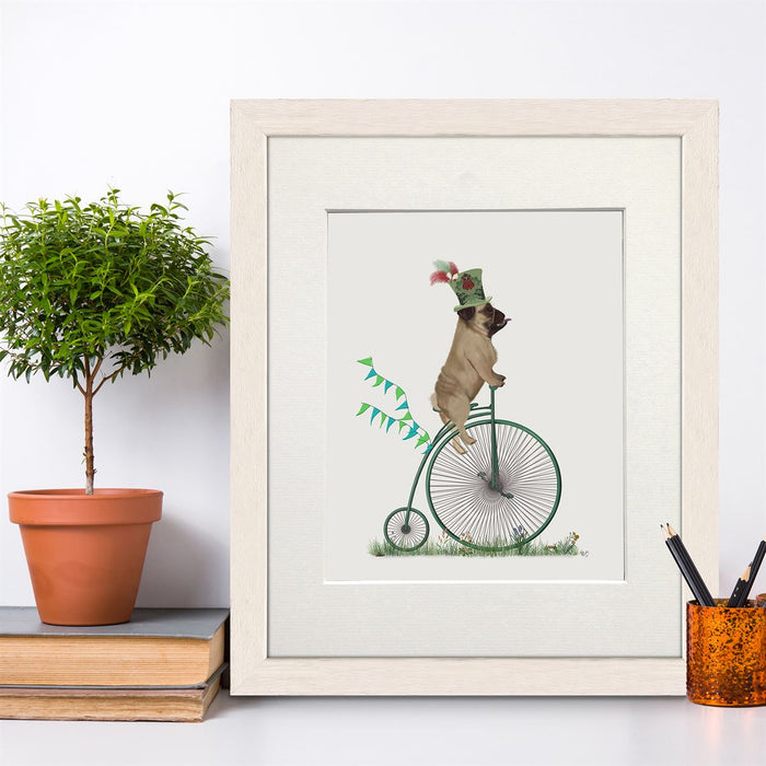 Pug on Penny Farthing, Dog Art Print, Wall art | Print 14x11inch