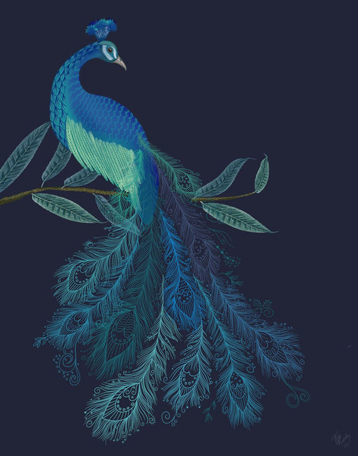 Peacock with Doodle Tail on Blue , Art Print, Wall Art | FabFunky
