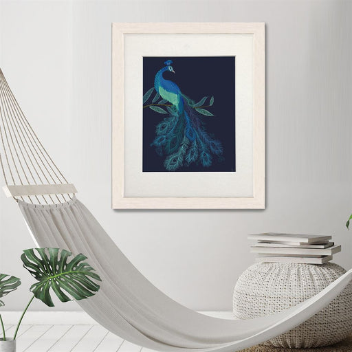 Peacock with Doodle Tail on Blue , Art Print, Wall Art | Print 14x11inch