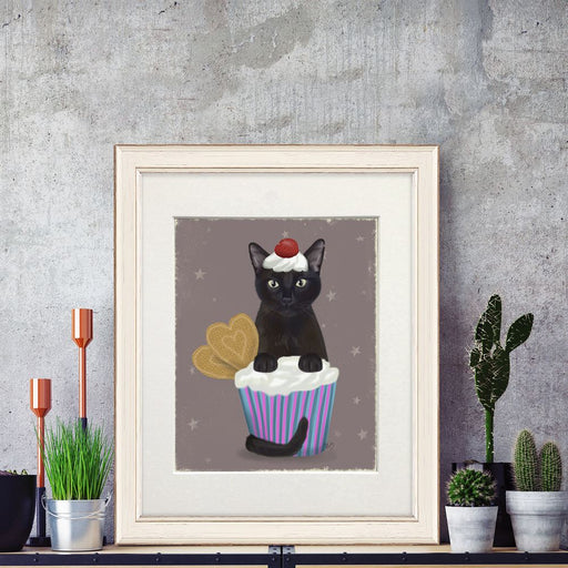 Black Cat Cupcake, Art Print, Wall Art | Framed Black