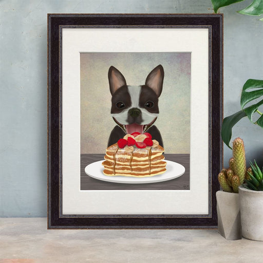 Boston Terrier Pancakes, Dog Art Print, Wall Art | Framed White