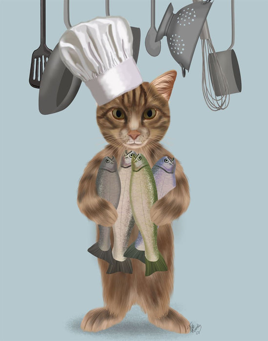 Tabby Cat Fish Chef, Full, Art Print, Wall Art | FabFunky
