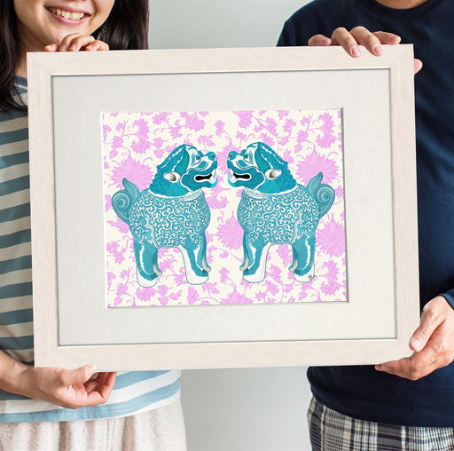 Foo Dog Twins Turquoise and Pink Chinoiserie Art Print | Print 14x11inch