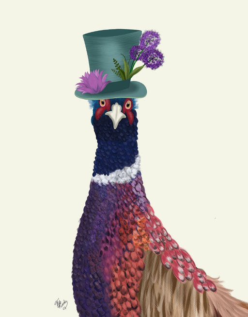 Pheasant in Blue Hat, Art Print, Canvas, Wall Art | FabFunky