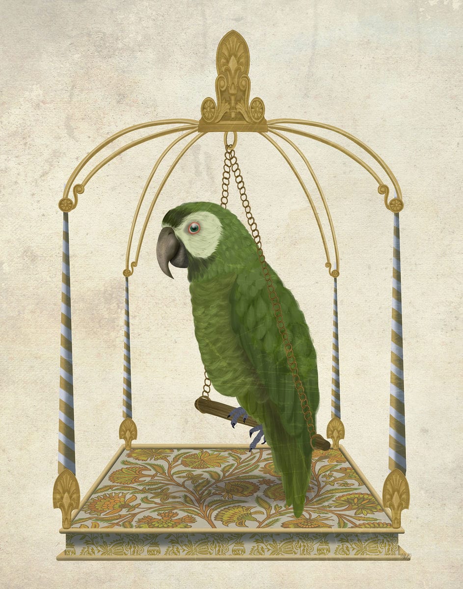 Green Parrot on Swing, Bird Art Print, Canvas, Wall Art | FabFunky
