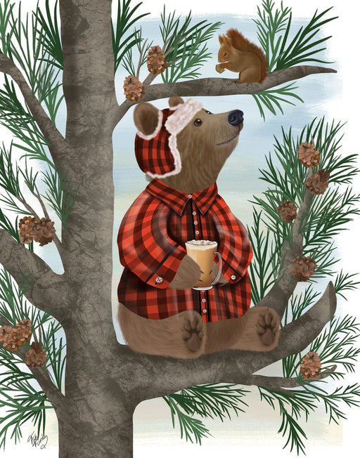 Bear in Pine Tree Coffee Break, Art Print, Canvas, Wall Art | FabFunky