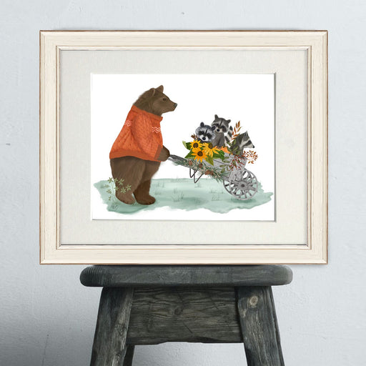 Bear and Raccoons in Wheelbarrow, Art Print, Canvas, Wall Art | Print 14x11inch