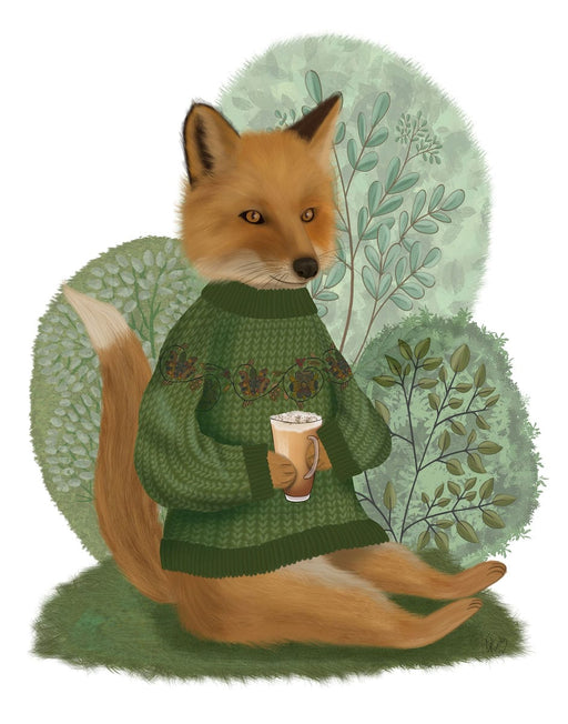 Fox in Sweater with latte, Art Print, Canvas, Wall Art | FabFunky