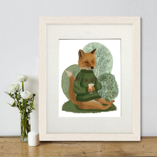 Fox in Sweater with latte, Art Print, Canvas, Wall Art | Print 14x11inch