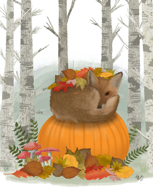 Fox Curled on Pumpkin, Art Print, Canvas, Wall Art | FabFunky