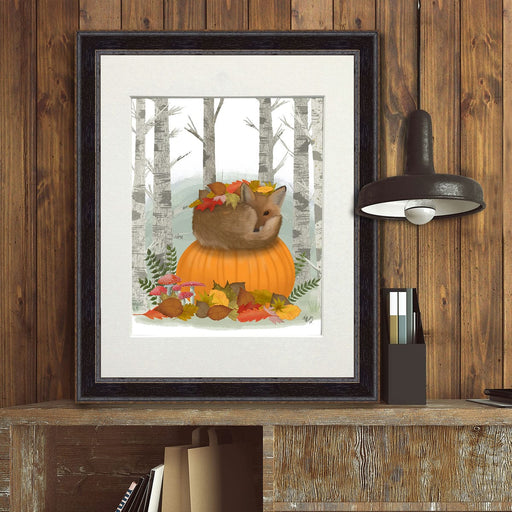 Fox Curled on Pumpkin, Art Print, Canvas, Wall Art | Print 14x11inch