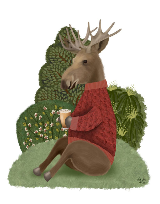 Moose in Sweater with Latte, Art Print, Canvas, Wall Art | FabFunky