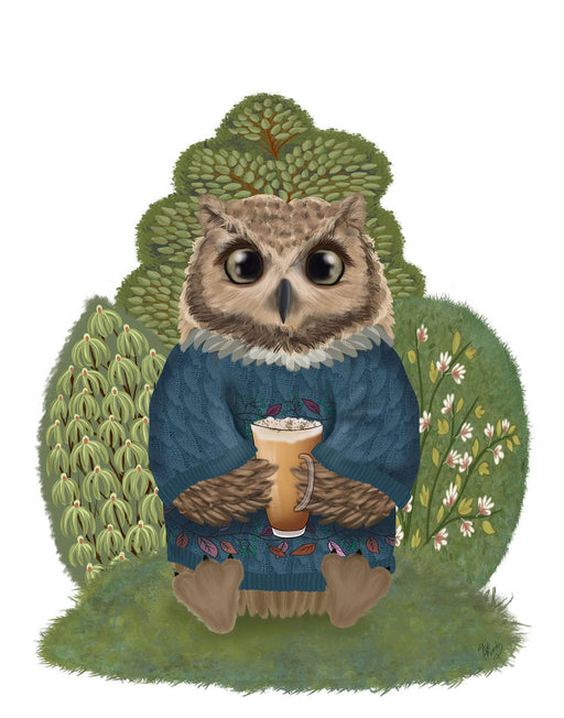 Owl in Sweater with latte, Art Print, Canvas, Wall Art | FabFunky
