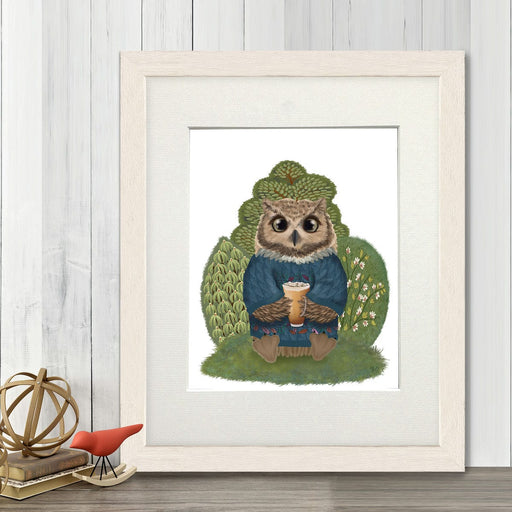 Owl in Sweater with latte, Art Print, Canvas, Wall Art | Print 14x11inch