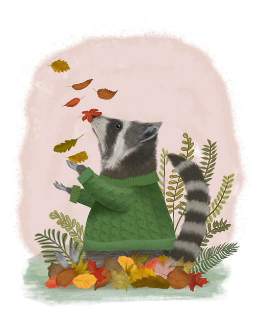 Raccoon Catching Leaves, Art Print, Canvas, Wall Art | FabFunky