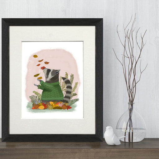 Raccoon Catching Leaves, Art Print, Canvas, Wall Art | Print 14x11inch