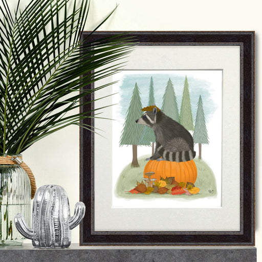 Raccoon On Pumpkin, Art Print, Canvas, Wall Art | Print 14x11inch