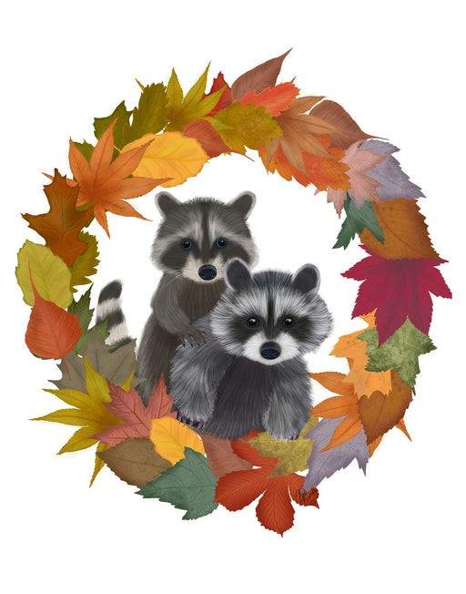 Raccoons Autumn Leaf Wreath, Art Print, Canvas, Wall Art | FabFunky