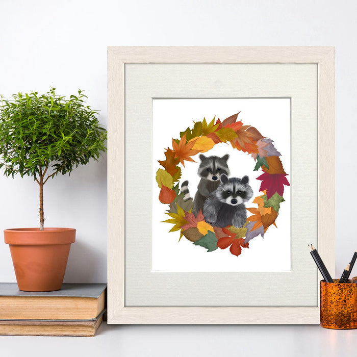 Raccoons Autumn Leaf Wreath, Art Print, Canvas, Wall Art | Print 14x11inch