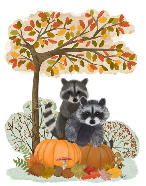 Raccoons On Pumpkins Under Tree, Art Print, Canvas, Wall Art | FabFunky