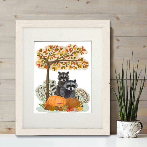 Raccoons On Pumpkins Under Tree, Art Print, Canvas, Wall Art | Print 14x11inch