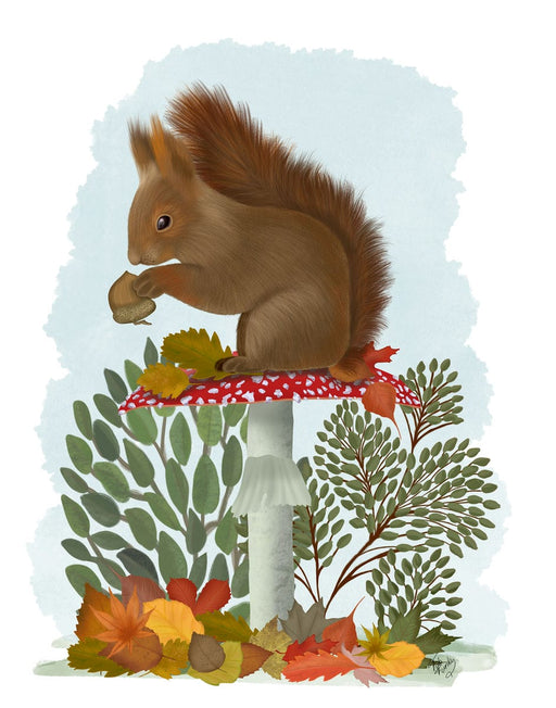 Red Squirrel On Mushroom, Art Print, Canvas, Wall Art | FabFunky