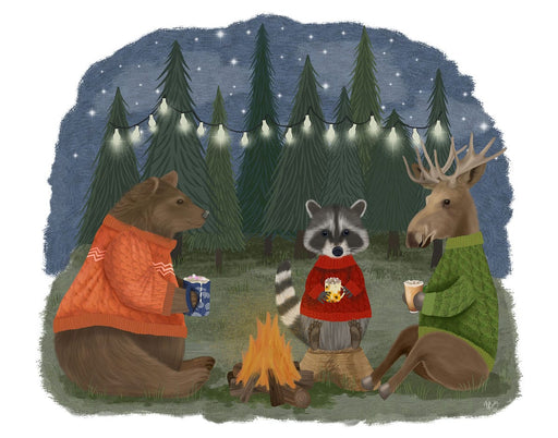 Bear, Racoon, Moose, Campfire Hot Chocolate, Art Print, Canvas, Wall Art | FabFunky