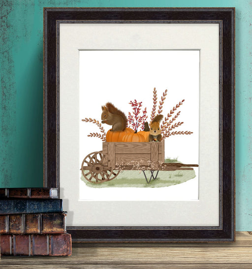Squirrels In Pumpkin with Wheelbarrow, Art Print, Canvas, Wall Art | Print 14x11inch