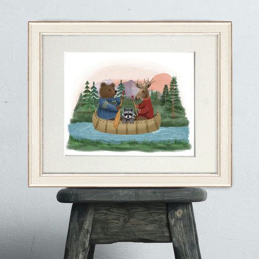 Bear, Racoon, Moose, River Trip, Art Print, Canvas, Wall Art | Print 14x11inch