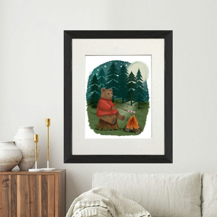 Bear Roasting Marshmallows, Art Print, Canvas, Wall Art | Print 14x11inch